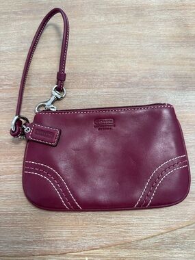 Coach Plum Leather Wristlet with Contrast Stitching